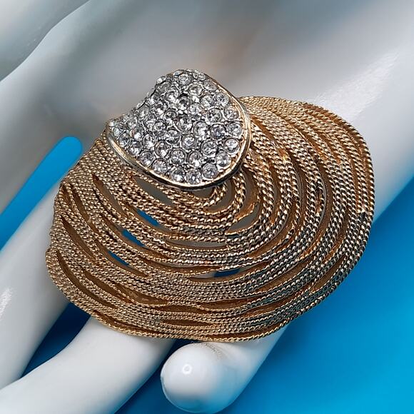 Vintage Craft Seashell Rhinestone Brooch, 1970s, 1 3/4" - Picture 3 of 12